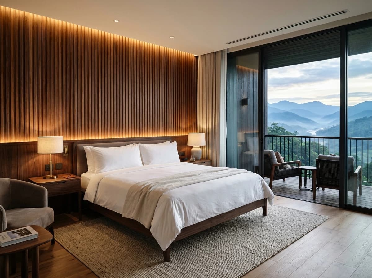 Handcrafted timber warmth and floor-to-ceiling glass nature framing.