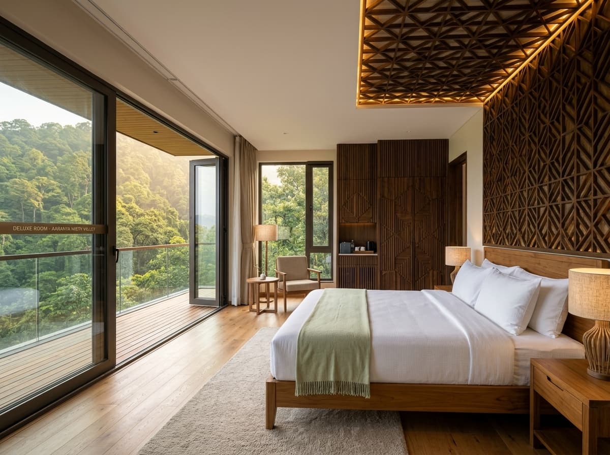 Deluxe Room with warm wooden accents and expansive window looking out over trees
