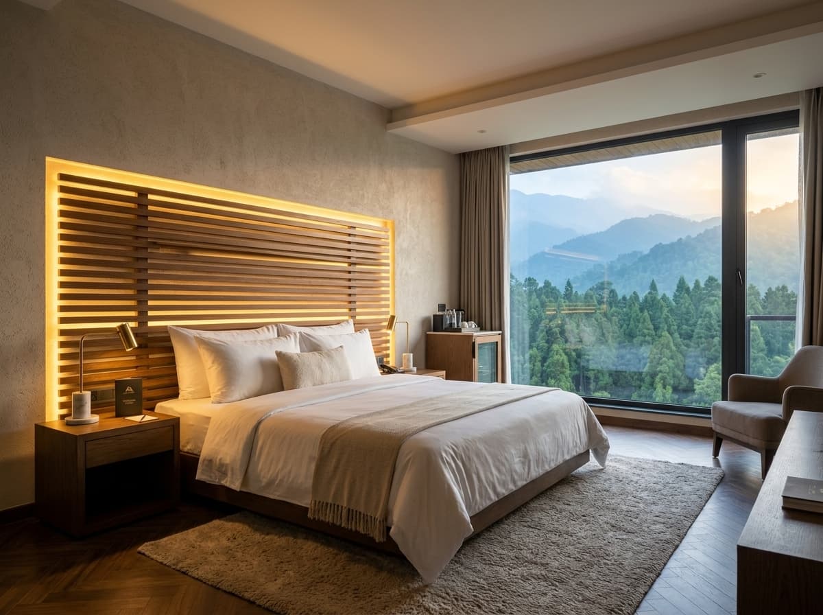 Luxury room with warm wooden slatted headboard and ambient backlighting